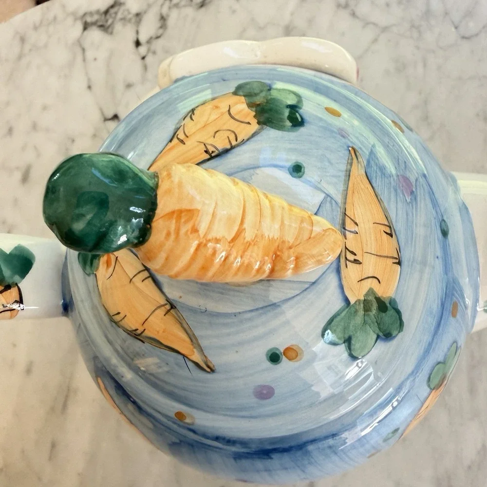 Vintage 90s Ceramic Easter Bunny Rabbit & Carrot Teapot with Lid Collectible‎